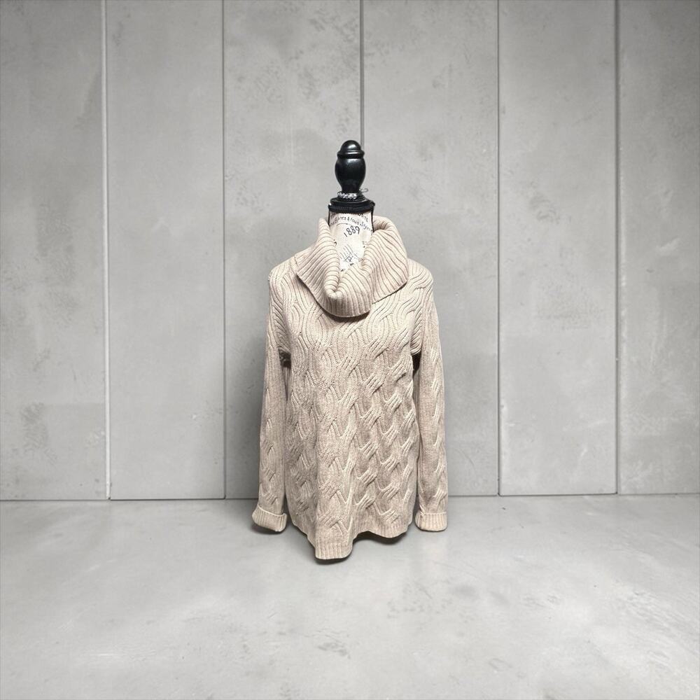 Calvin Klein Chain-Stitch Cowl Neck Cable Knit Sweater Tan Cream Size S